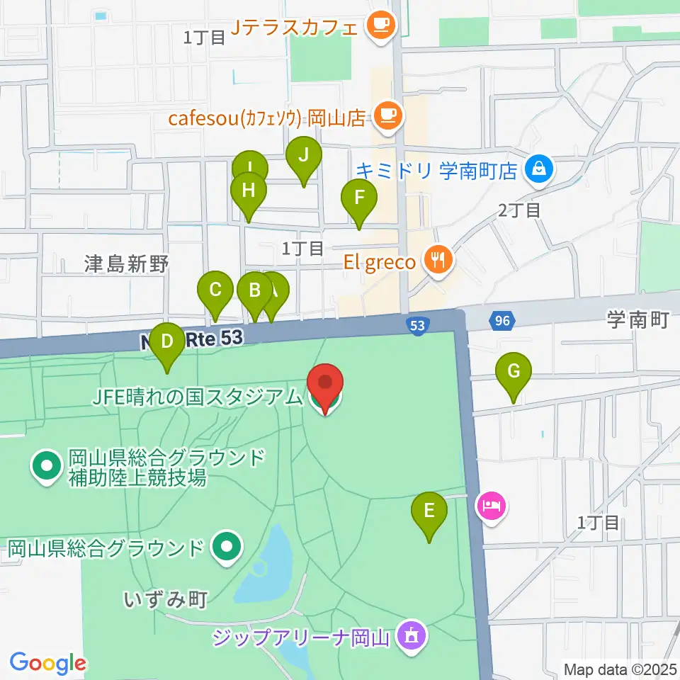 JFE晴れの国スタジアム周辺の駐車場・コインパーキング一覧地図