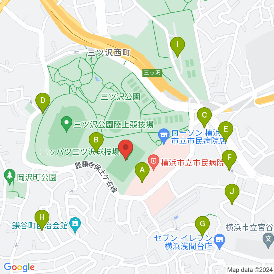 ニッパツ三ツ沢球技場周辺の駐車場・コインパーキング一覧地図