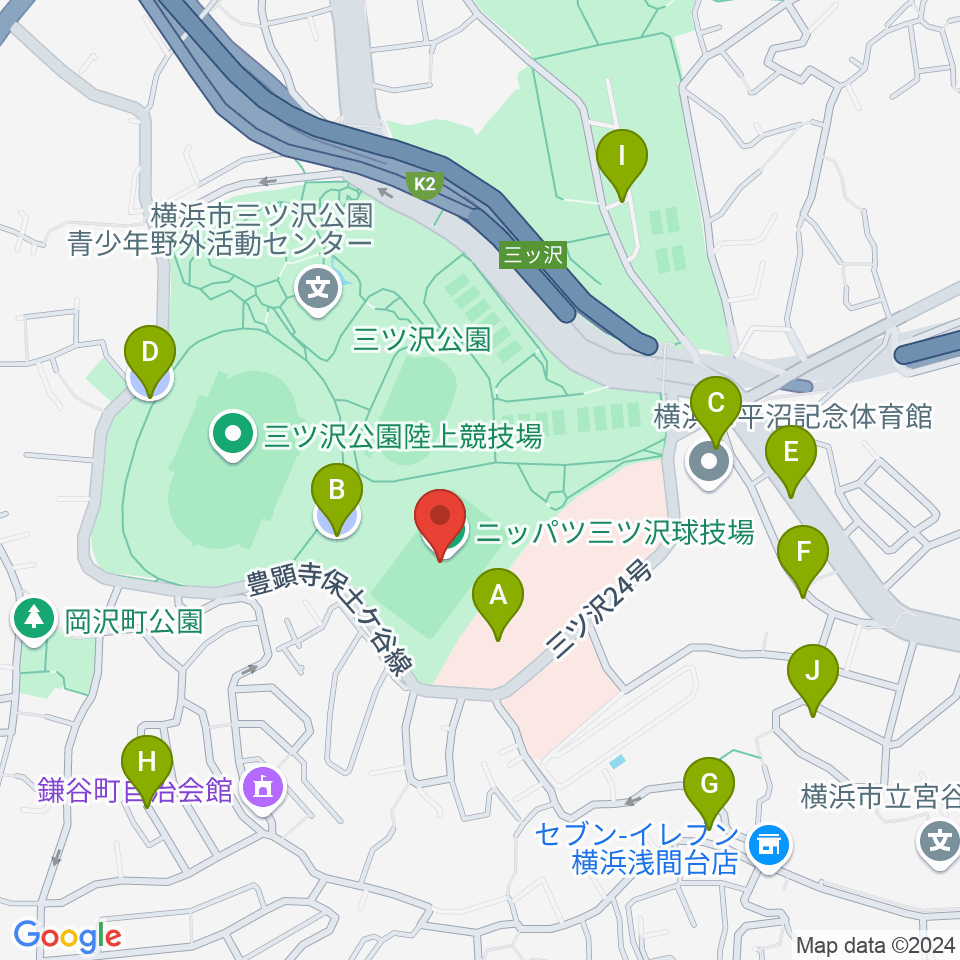 ニッパツ三ツ沢球技場周辺の駐車場・コインパーキング一覧地図