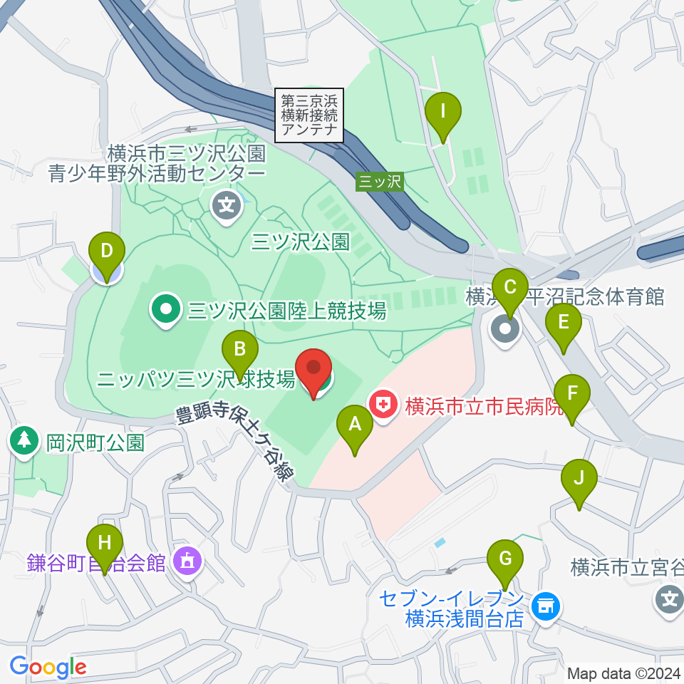 ニッパツ三ツ沢球技場周辺の駐車場・コインパーキング一覧地図