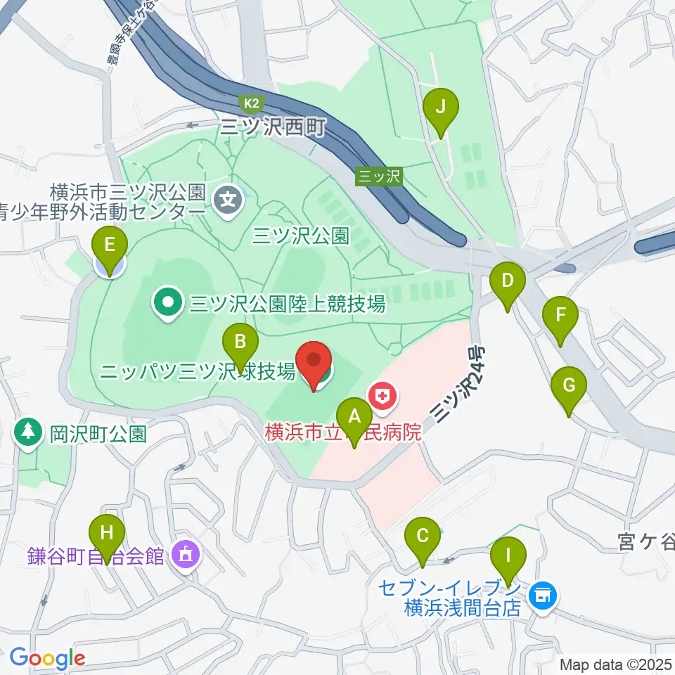 ニッパツ三ツ沢球技場周辺の駐車場・コインパーキング一覧地図