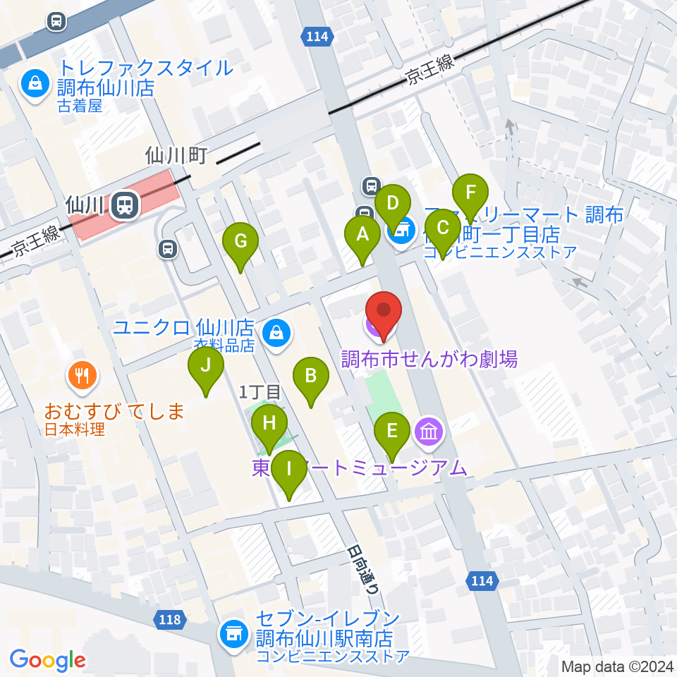 調布市せんがわ劇場周辺の駐車場・コインパーキング一覧地図