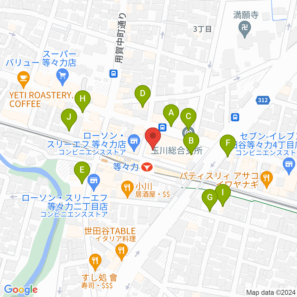 玉川せせらぎホール（玉川区民会館）周辺の駐車場・コインパーキング一覧地図