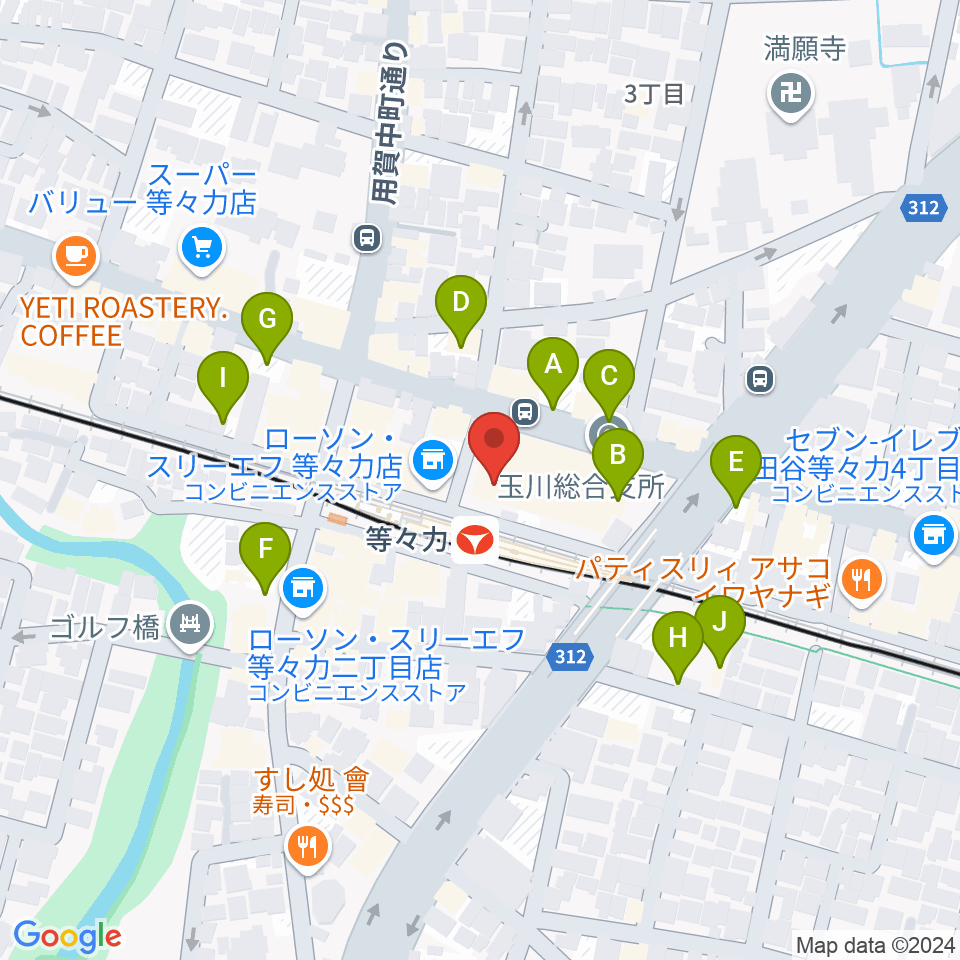 玉川せせらぎホール（玉川区民会館）周辺の駐車場・コインパーキング一覧地図