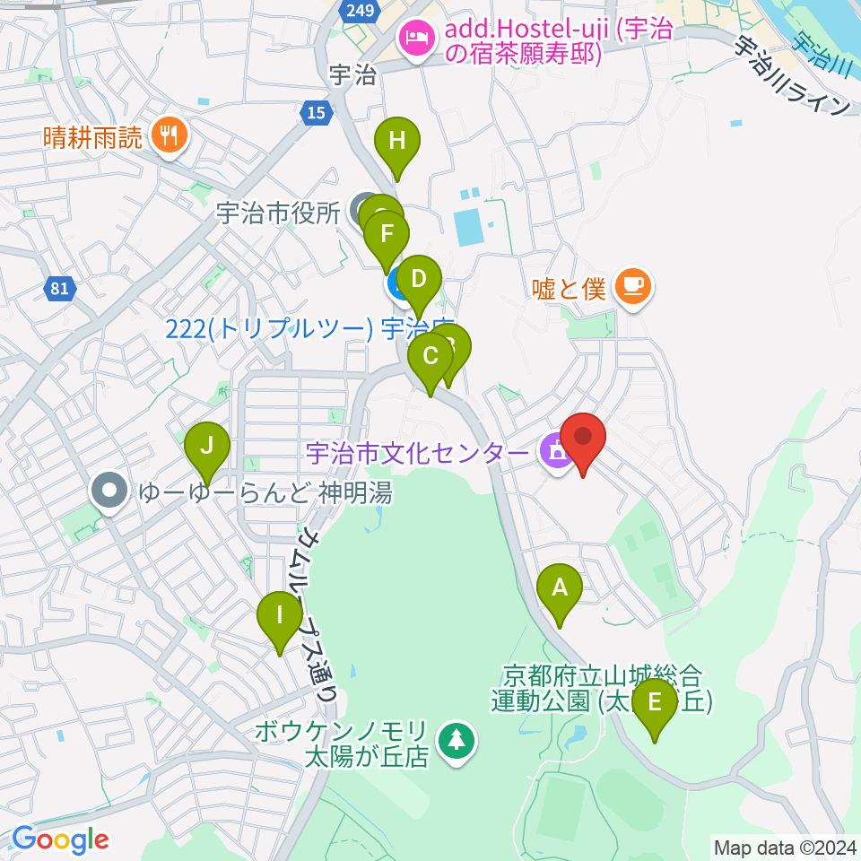 宇治市文化会館周辺の駐車場・コインパーキング一覧地図