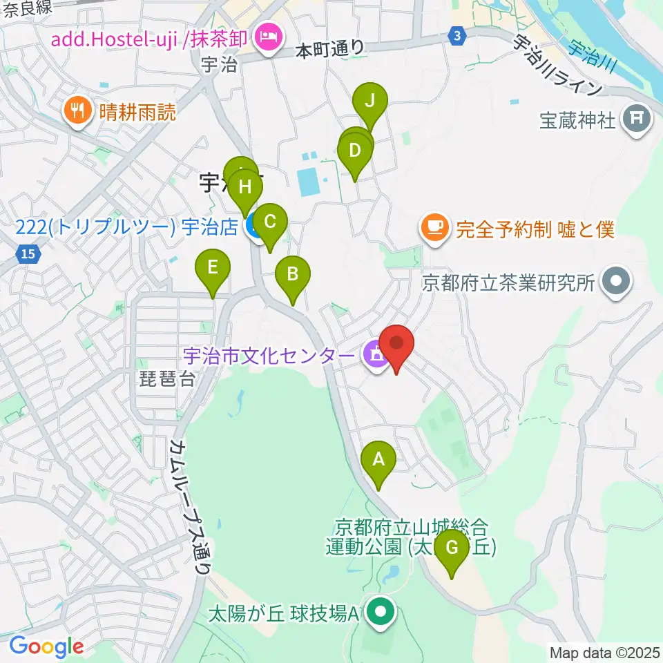 宇治市文化会館周辺の駐車場・コインパーキング一覧地図