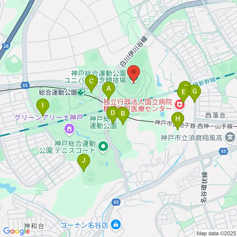 神戸総合運動公園ユニバー記念競技場周辺の駐車場・コインパーキング一覧地図