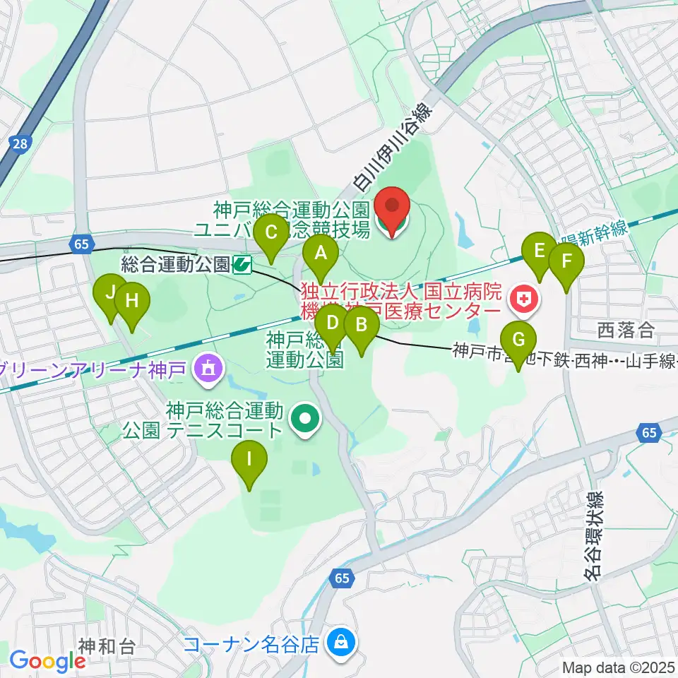 神戸総合運動公園ユニバー記念競技場周辺の駐車場・コインパーキング一覧地図