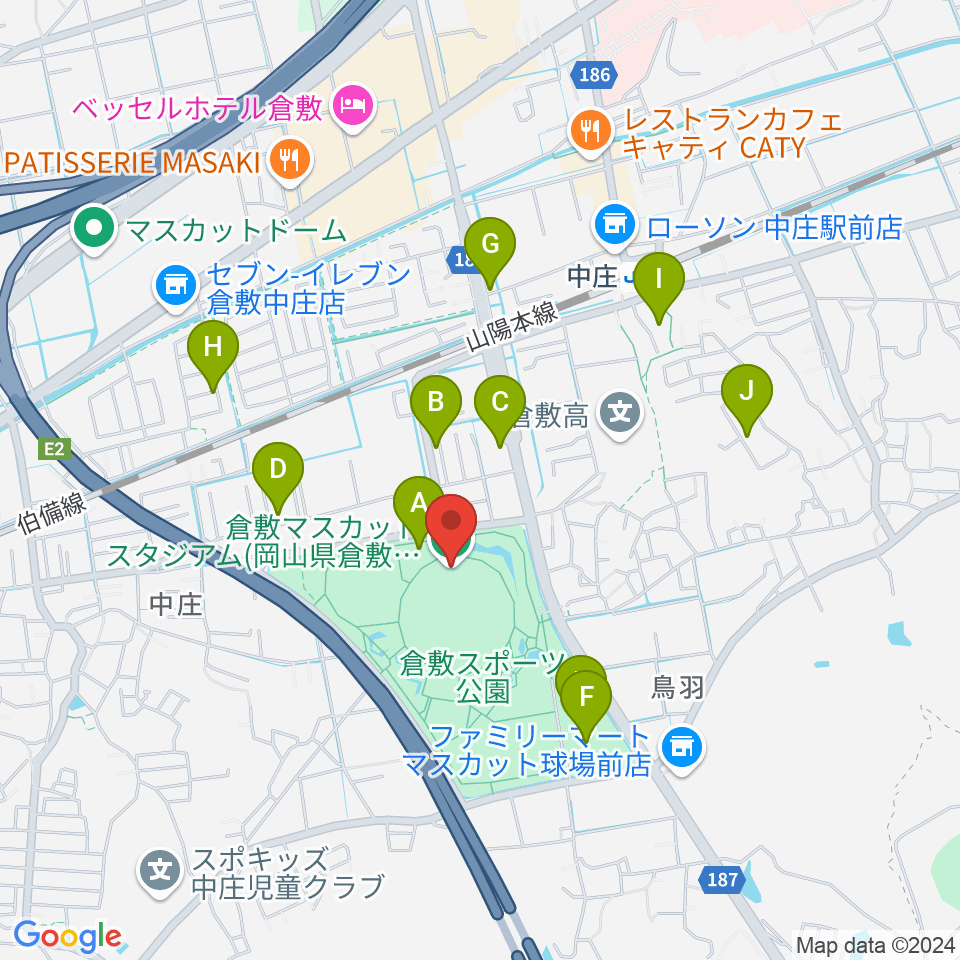 倉敷マスカットスタジアム周辺の駐車場・コインパーキング一覧地図