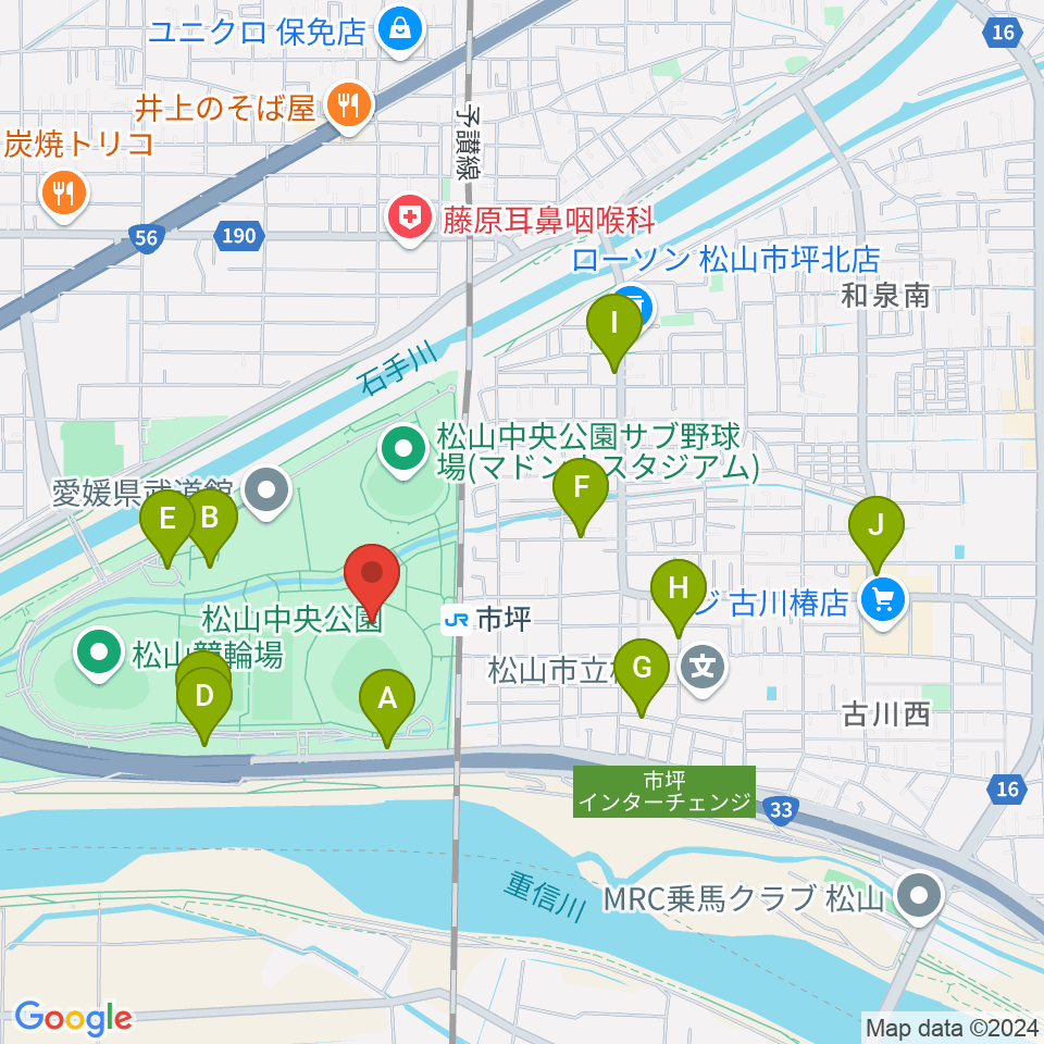 坊っちゃんスタジアム周辺の駐車場・コインパーキング一覧地図