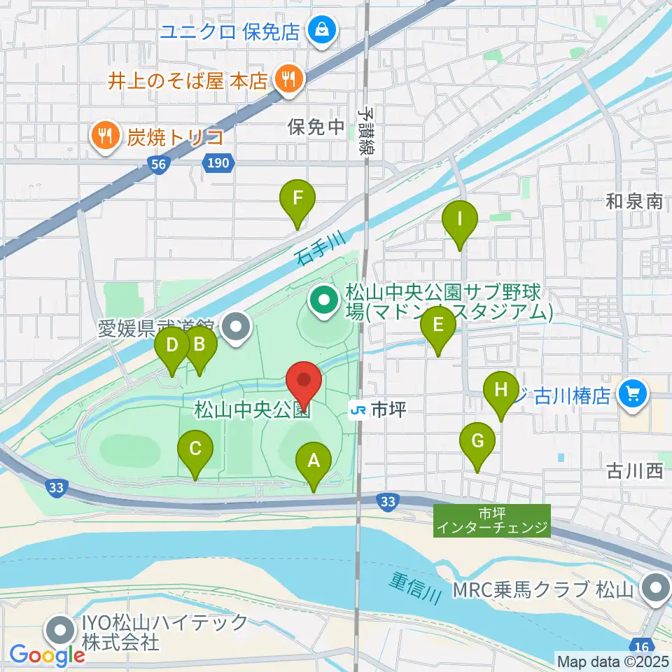 坊っちゃんスタジアム周辺の駐車場・コインパーキング一覧地図