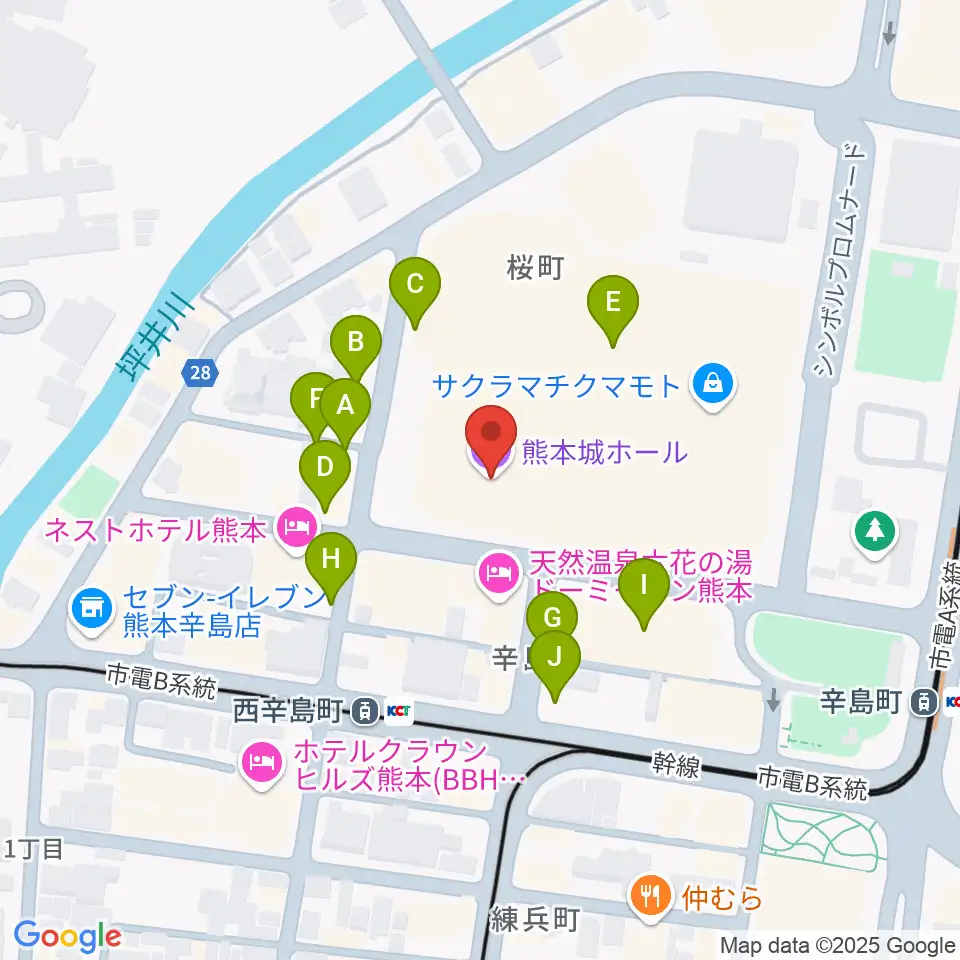 熊本城ホール周辺の駐車場・コインパーキング一覧地図