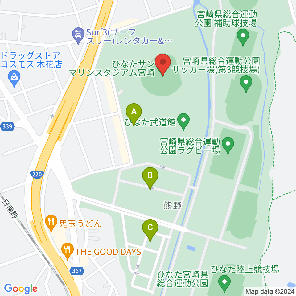 ひなたサンマリンスタジアム宮崎周辺の駐車場・コインパーキング一覧地図