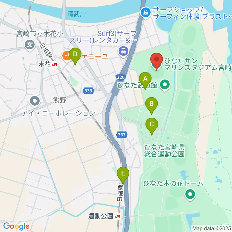 ひなたサンマリンスタジアム宮崎周辺の駐車場・コインパーキング一覧地図