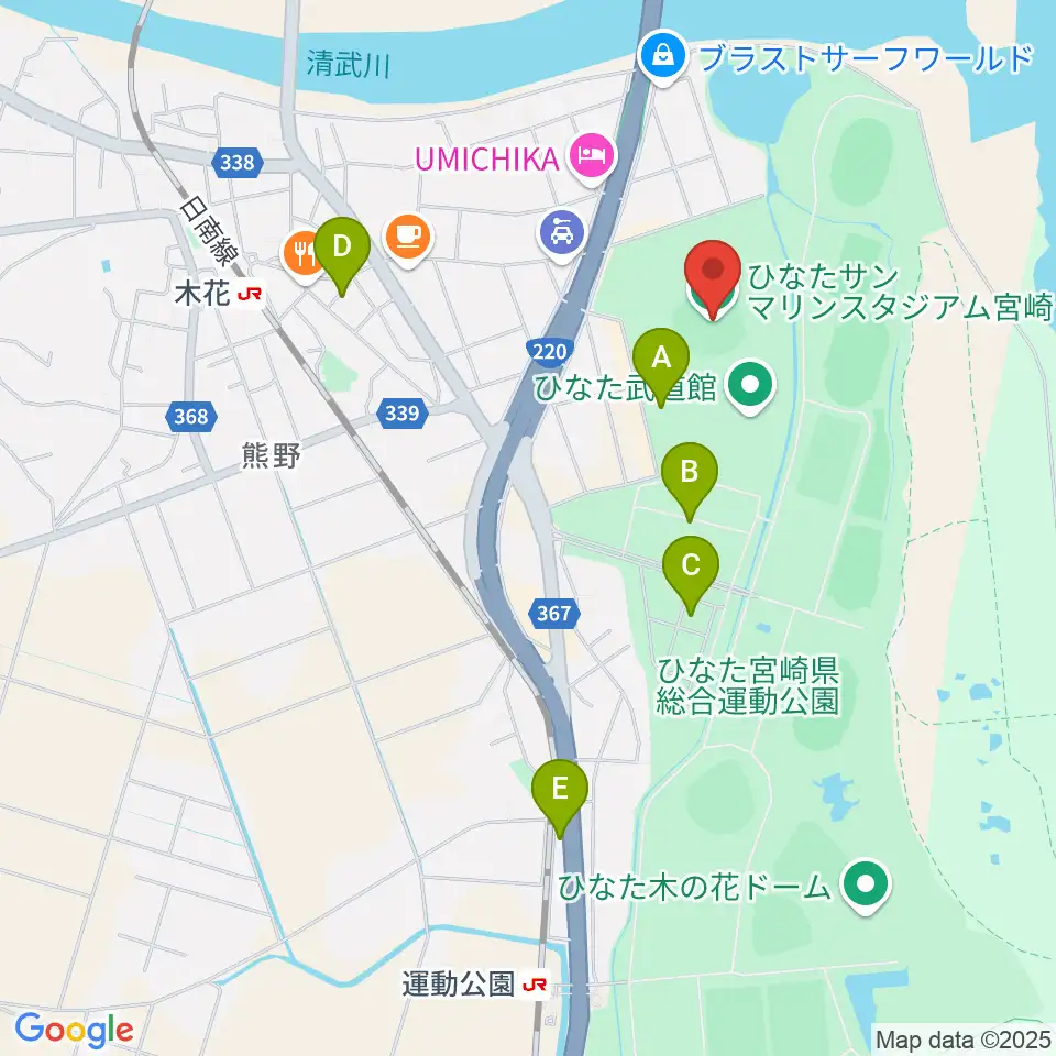 ひなたサンマリンスタジアム宮崎周辺の駐車場・コインパーキング一覧地図