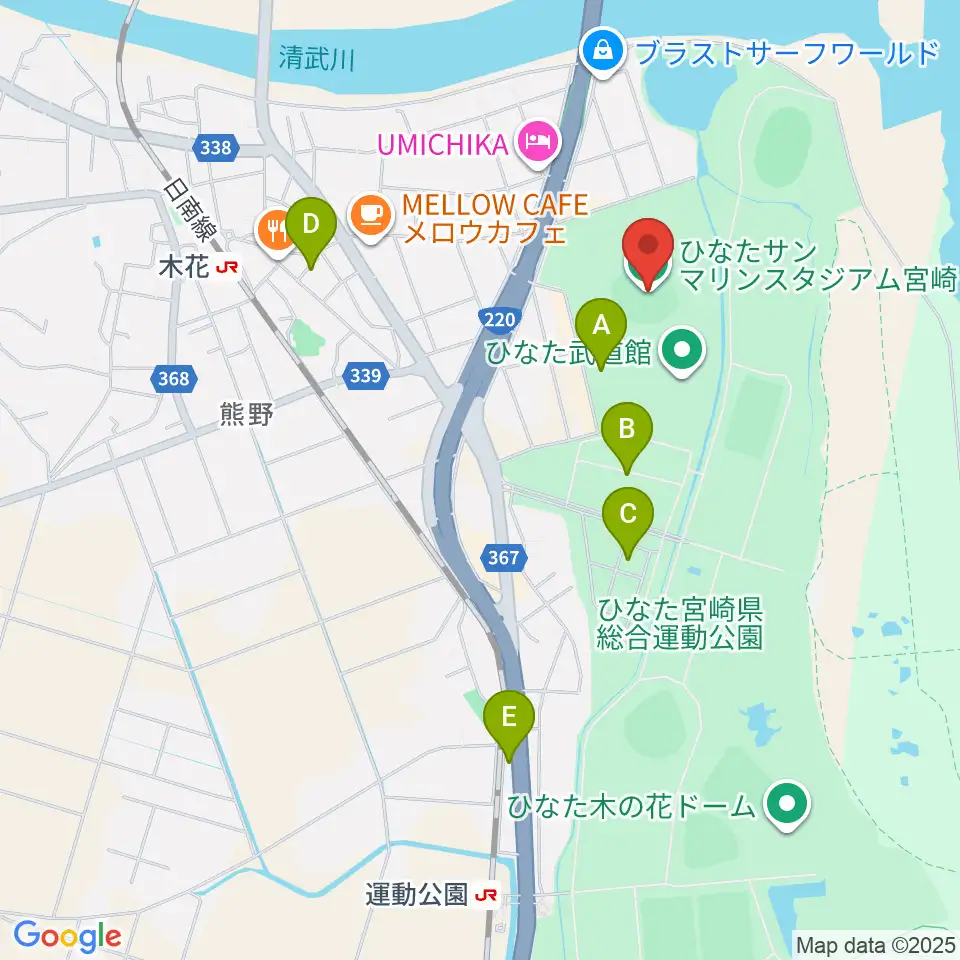 ひなたサンマリンスタジアム宮崎周辺の駐車場・コインパーキング一覧地図