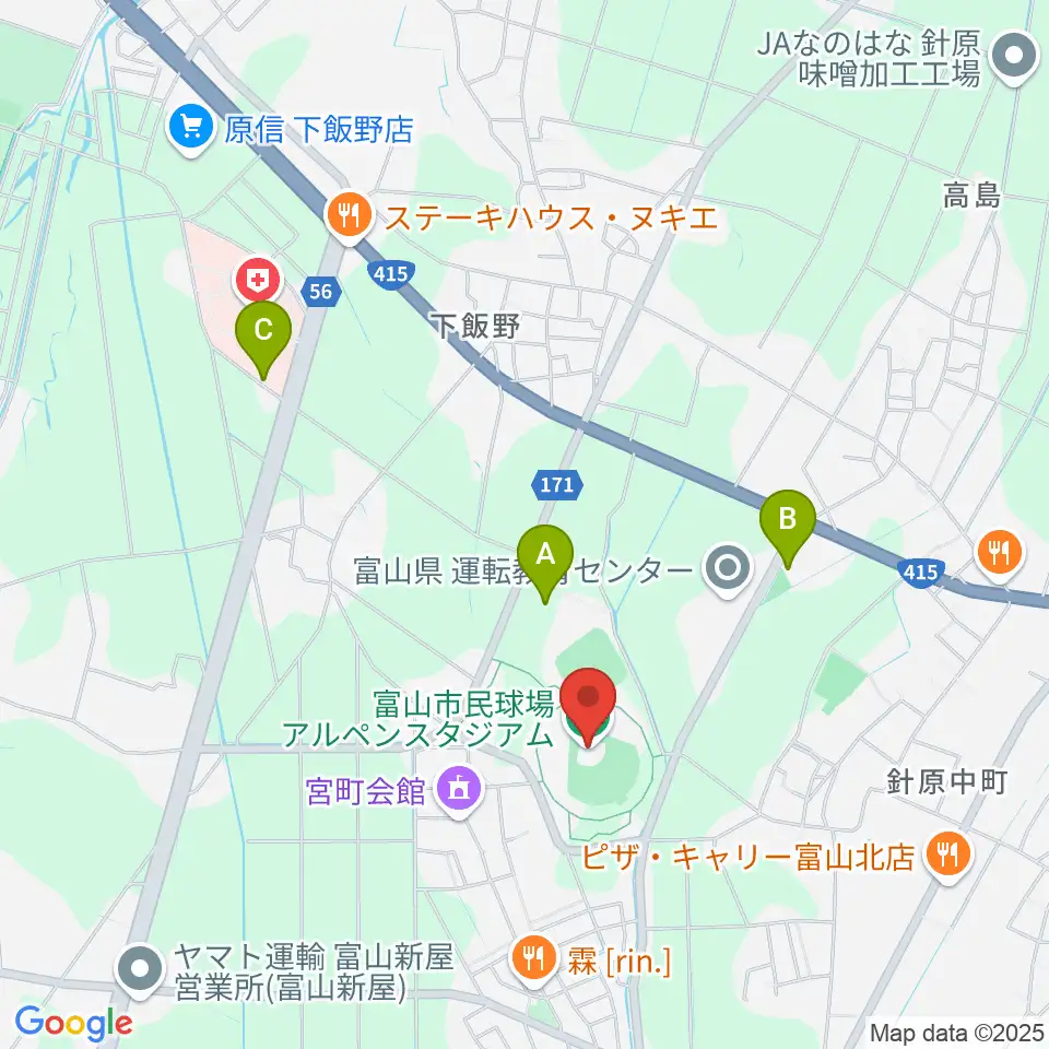 富山市民球場アルペンスタジアム周辺の駐車場・コインパーキング一覧地図
