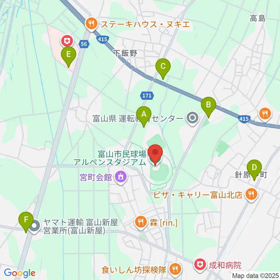 富山市民球場アルペンスタジアム周辺の駐車場・コインパーキング一覧地図