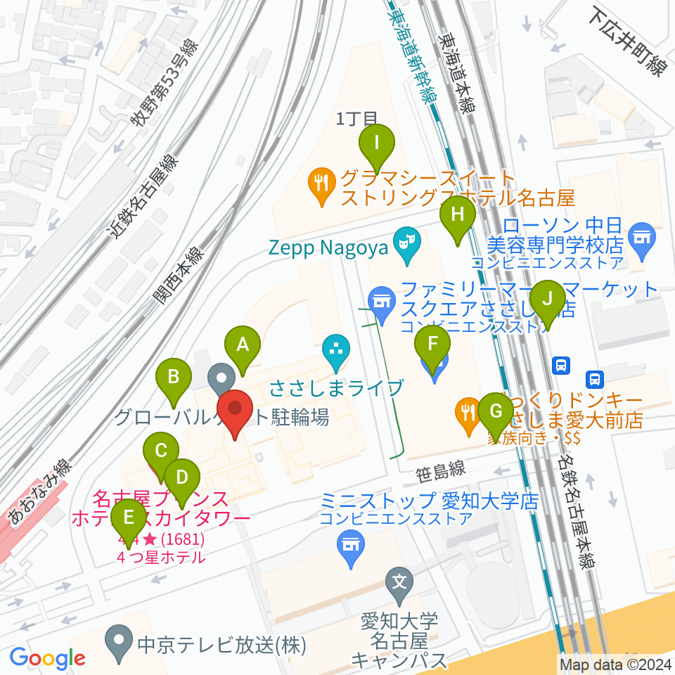 音楽天国 名古屋ささしまライブ店周辺の駐車場・コインパーキング一覧地図