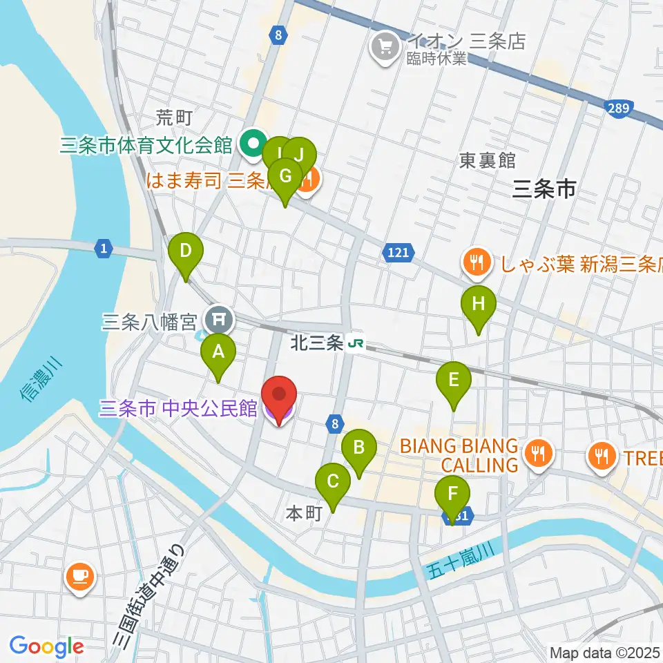 三条市中央公民館周辺の駐車場・コインパーキング一覧地図