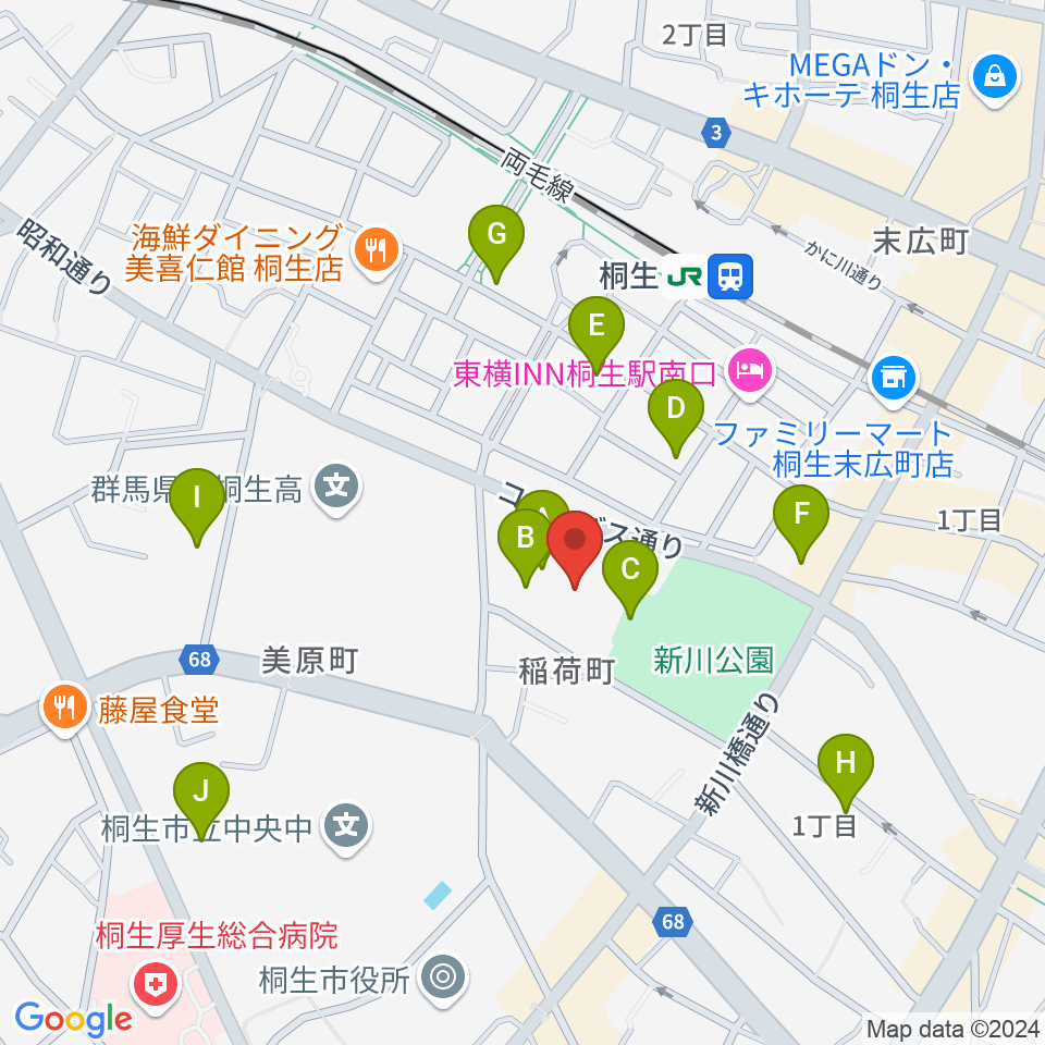 桐生市立中央公民館周辺の駐車場・コインパーキング一覧地図