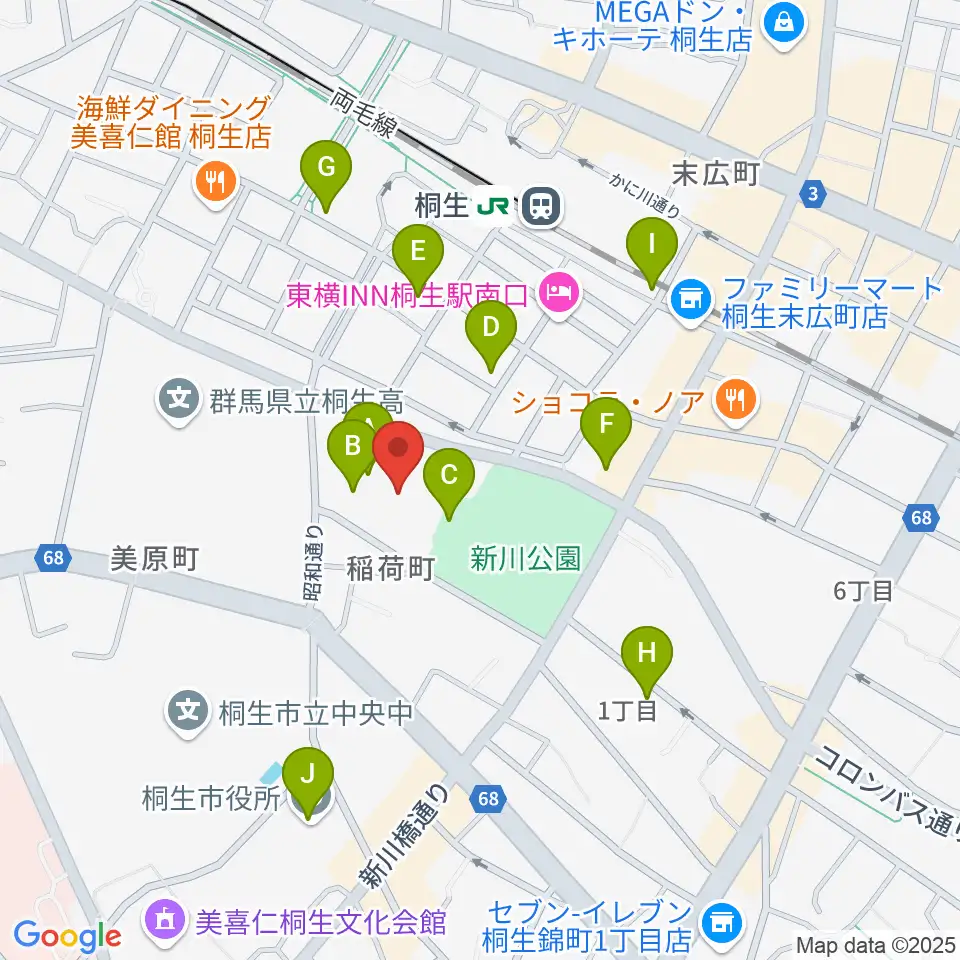 桐生市立中央公民館周辺の駐車場・コインパーキング一覧地図