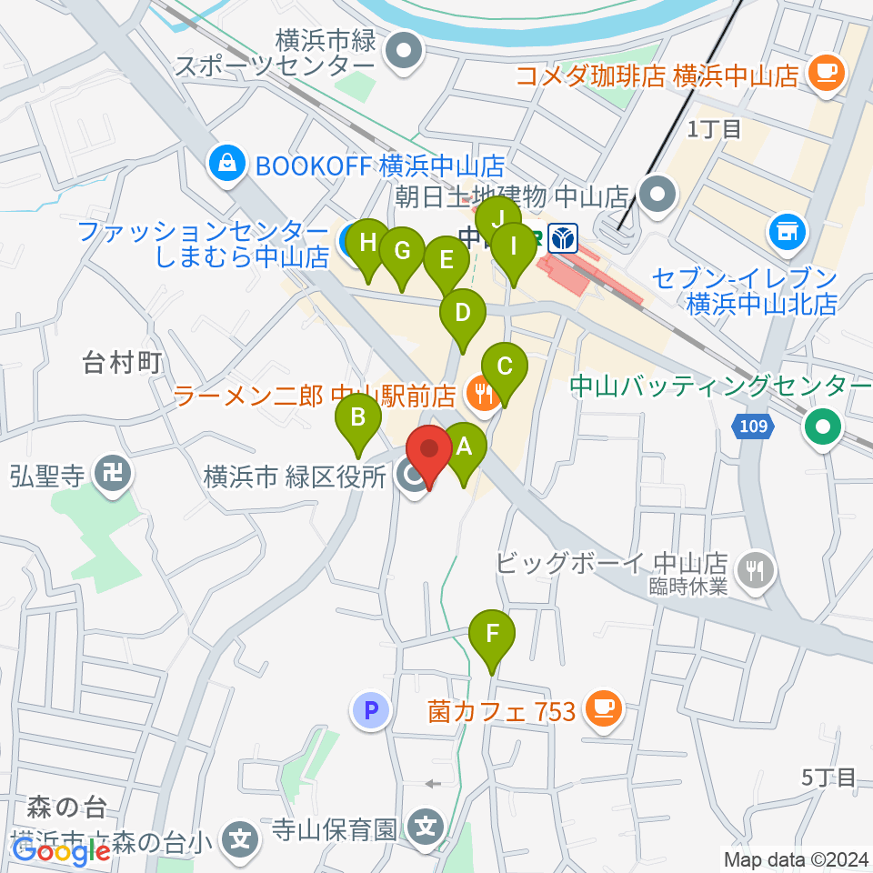 横浜市緑公会堂周辺の駐車場・コインパーキング一覧地図