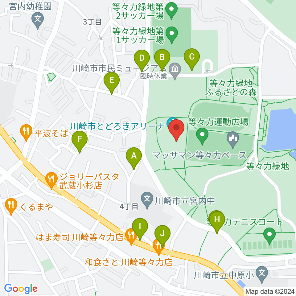 川崎市とどろきアリーナ周辺の駐車場・コインパーキング一覧地図