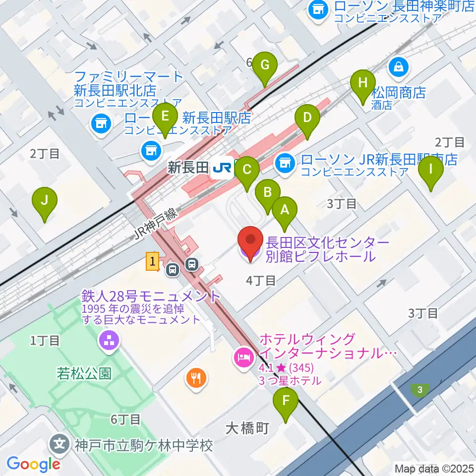 長田区文化センター別館ピフレホール周辺の駐車場・コインパーキング一覧地図