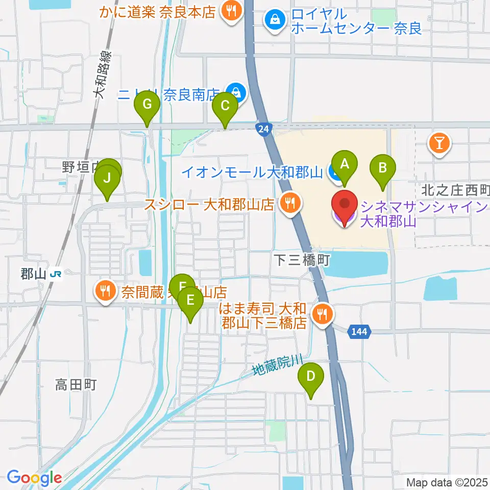 シネマサンシャイン大和郡山周辺の駐車場・コインパーキング一覧地図