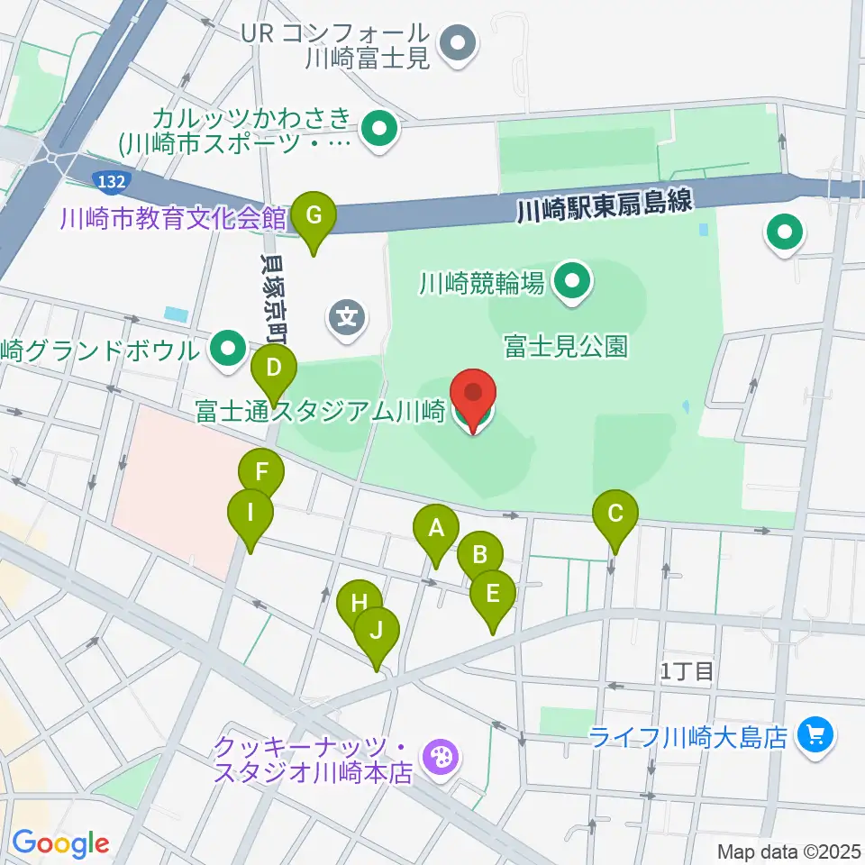 富士通スタジアム川崎周辺の駐車場・コインパーキング一覧地図