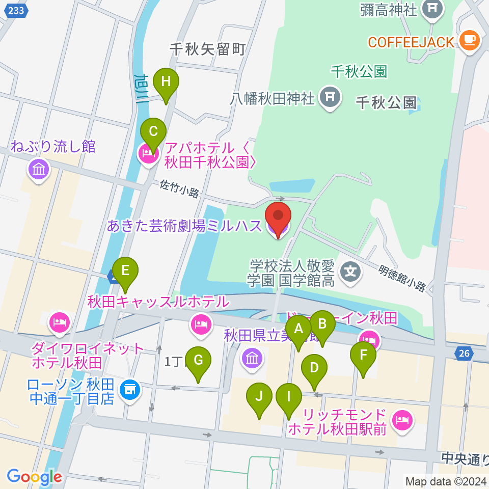 あきた芸術劇場ミルハス周辺の駐車場・コインパーキング一覧地図