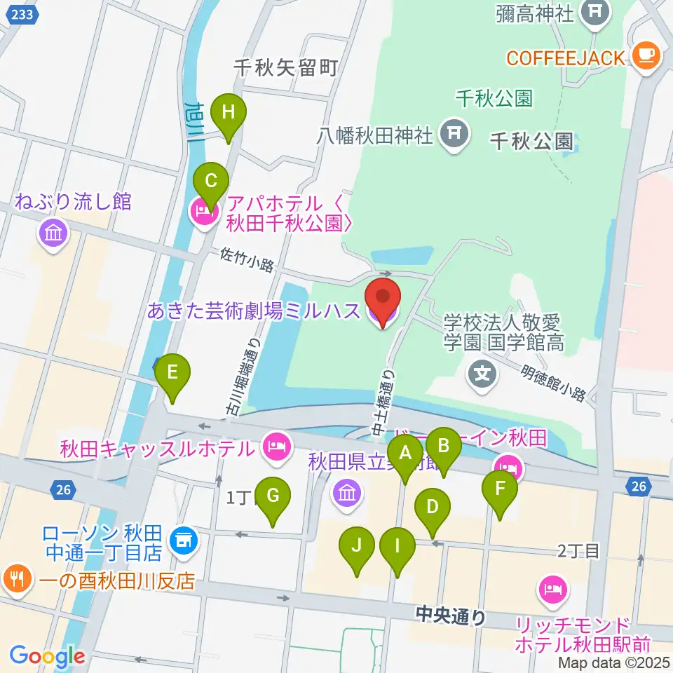 あきた芸術劇場ミルハス周辺の駐車場・コインパーキング一覧地図