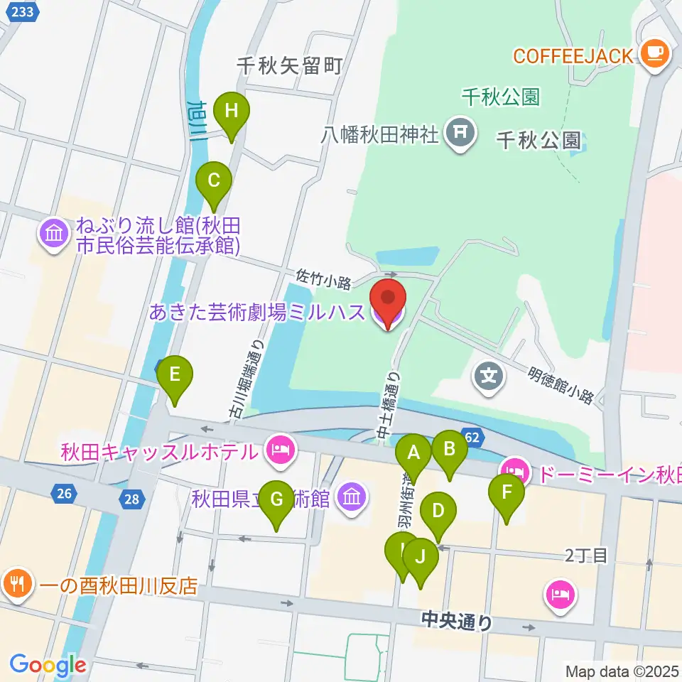 あきた芸術劇場ミルハス周辺の駐車場・コインパーキング一覧地図
