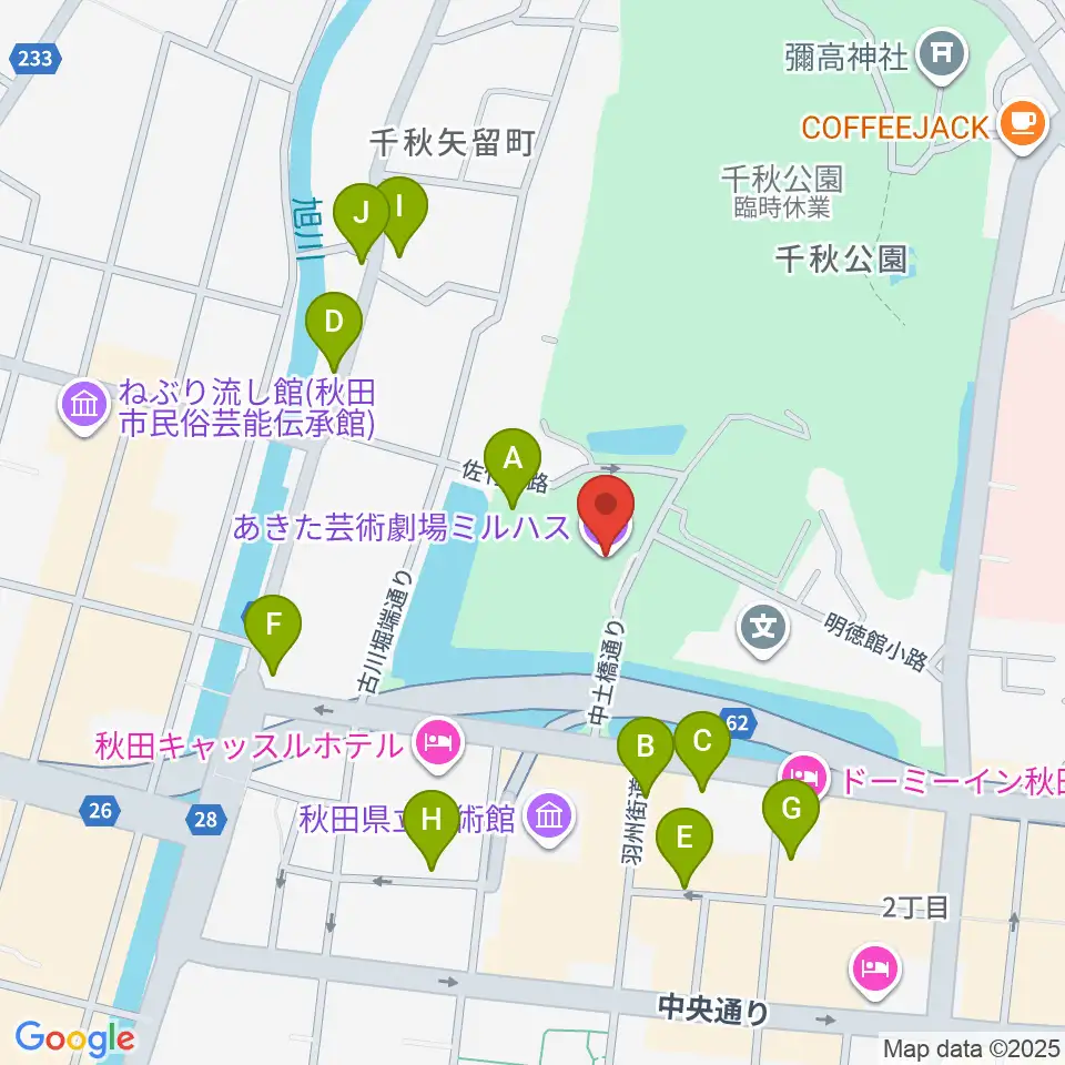 あきた芸術劇場ミルハス周辺の駐車場・コインパーキング一覧地図