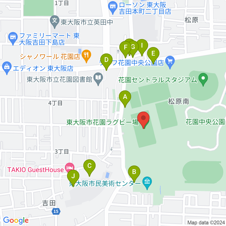 東大阪市花園ラグビー場周辺の駐車場・コインパーキング一覧地図