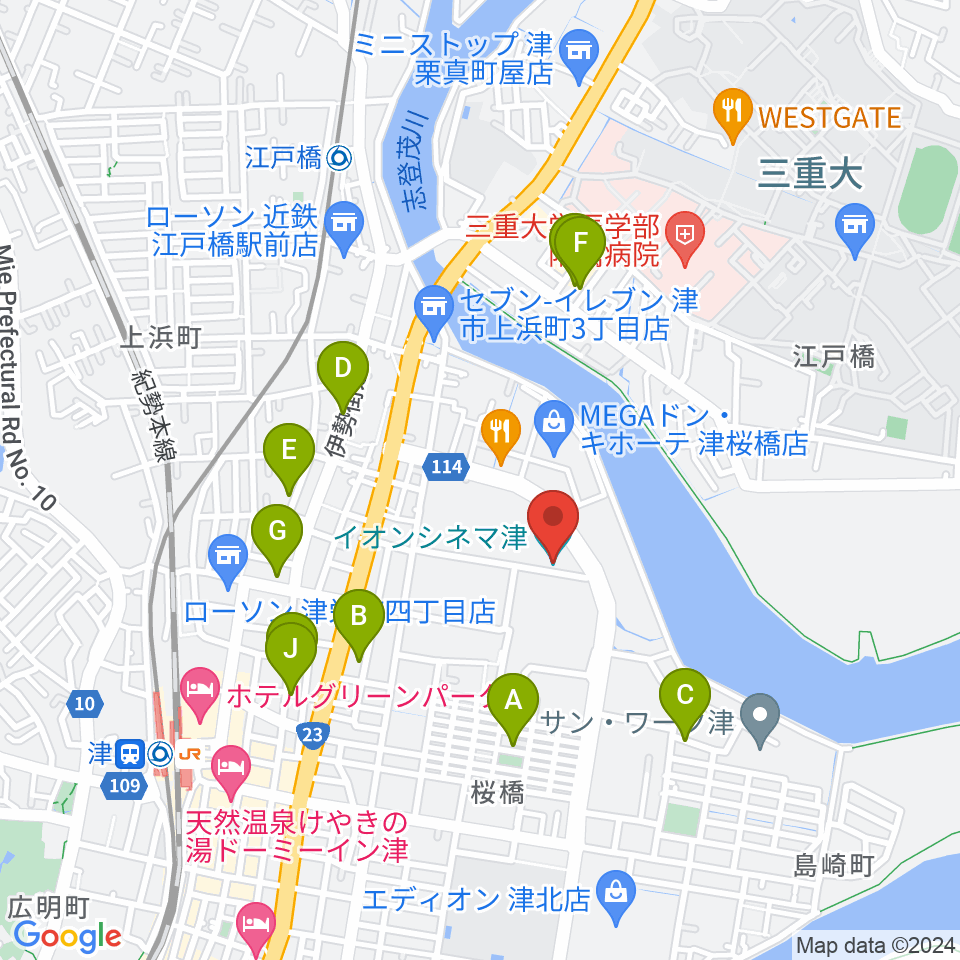 イオンシネマ津周辺の駐車場・コインパーキング一覧地図