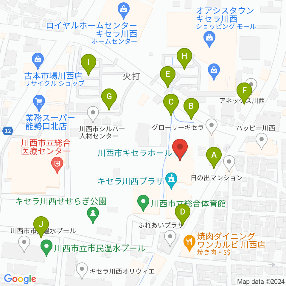 川西市キセラホール周辺の駐車場・コインパーキング一覧地図