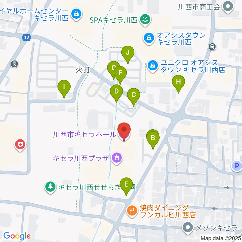 川西市キセラホール周辺の駐車場・コインパーキング一覧地図