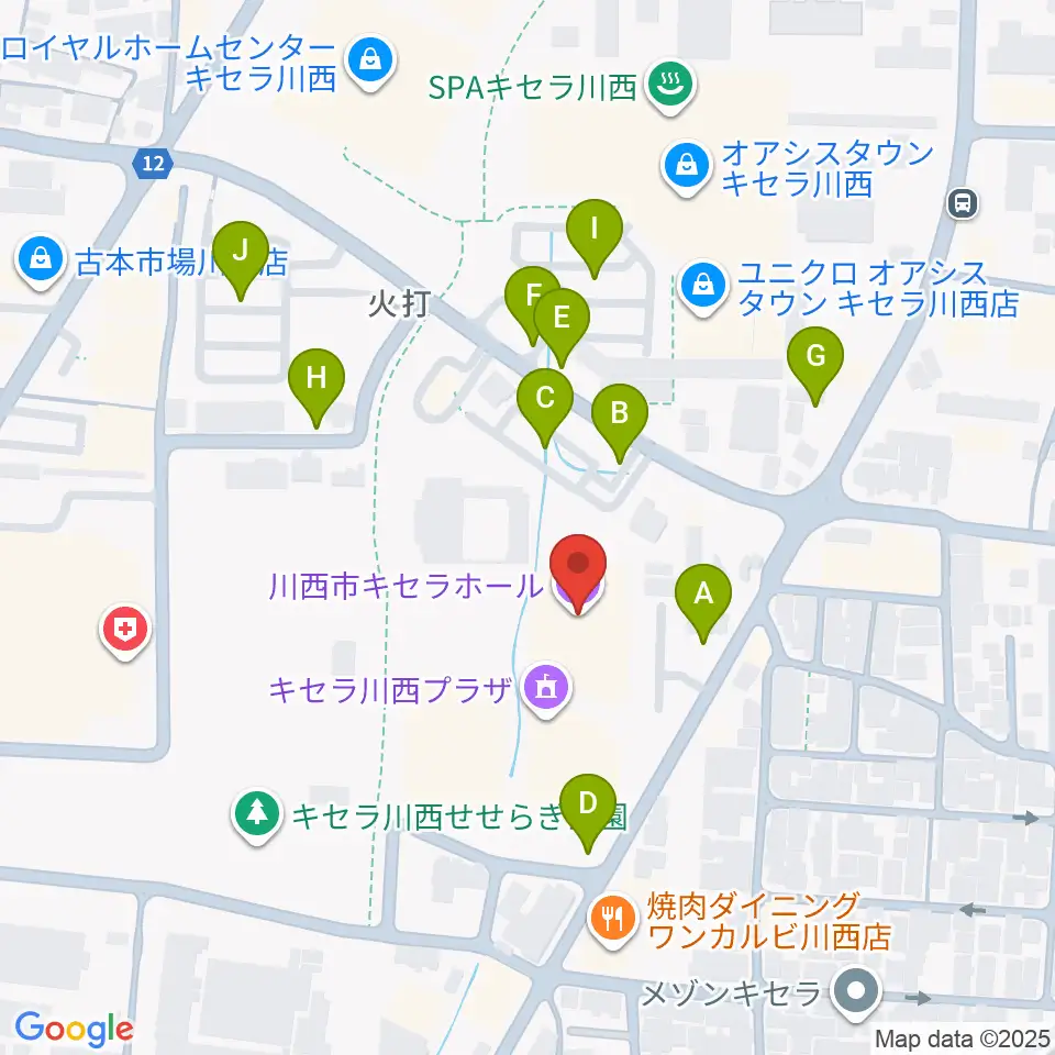 川西市キセラホール周辺の駐車場・コインパーキング一覧地図