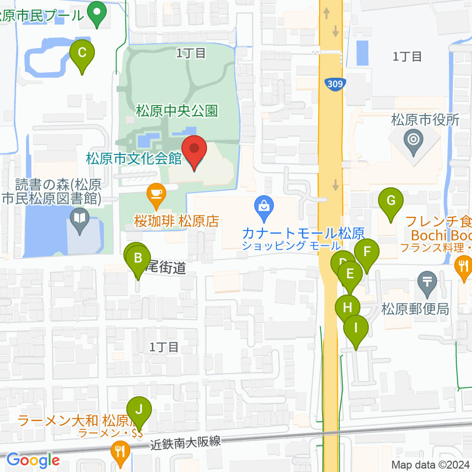 松原市文化会館周辺の駐車場・コインパーキング一覧地図