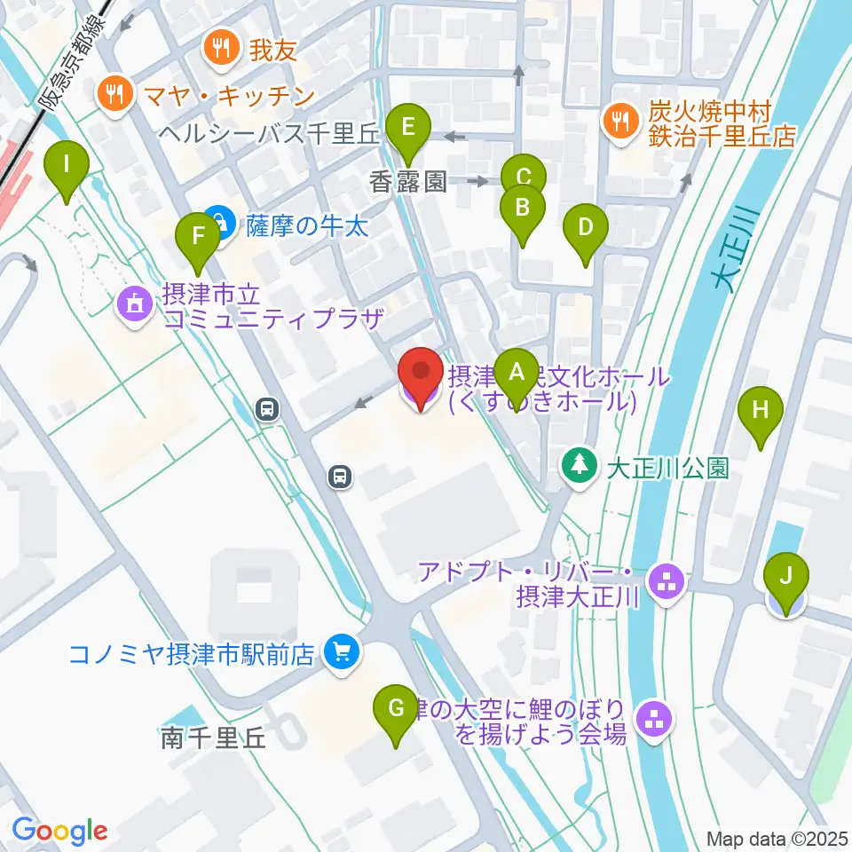 摂津市民文化ホール周辺の駐車場・コインパーキング一覧地図