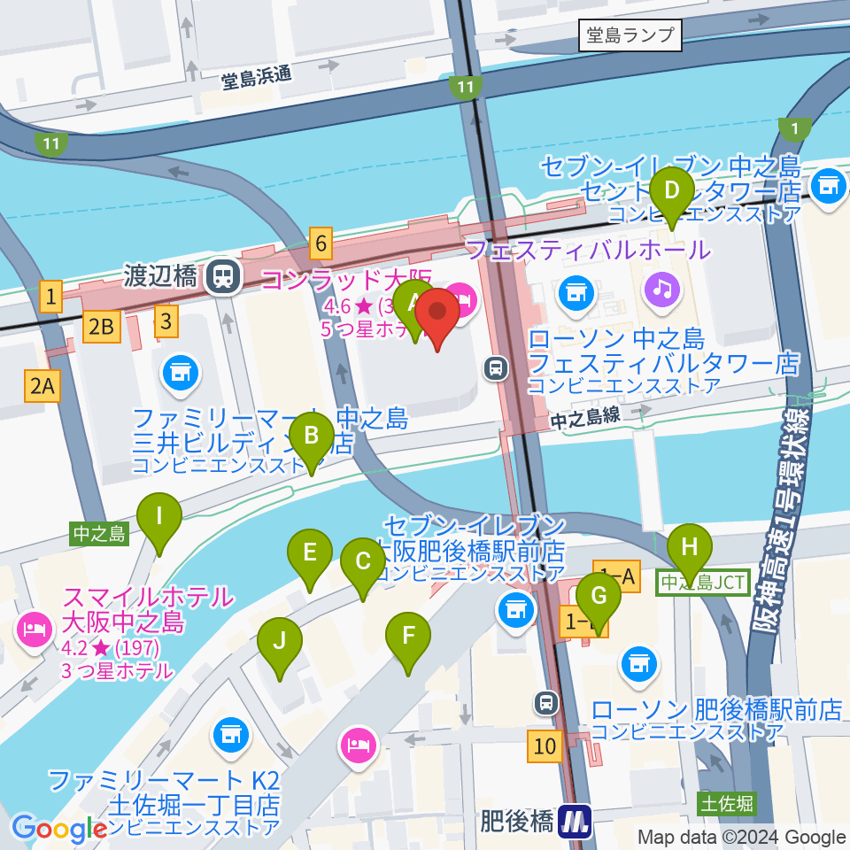 中之島会館周辺の駐車場・コインパーキング一覧地図