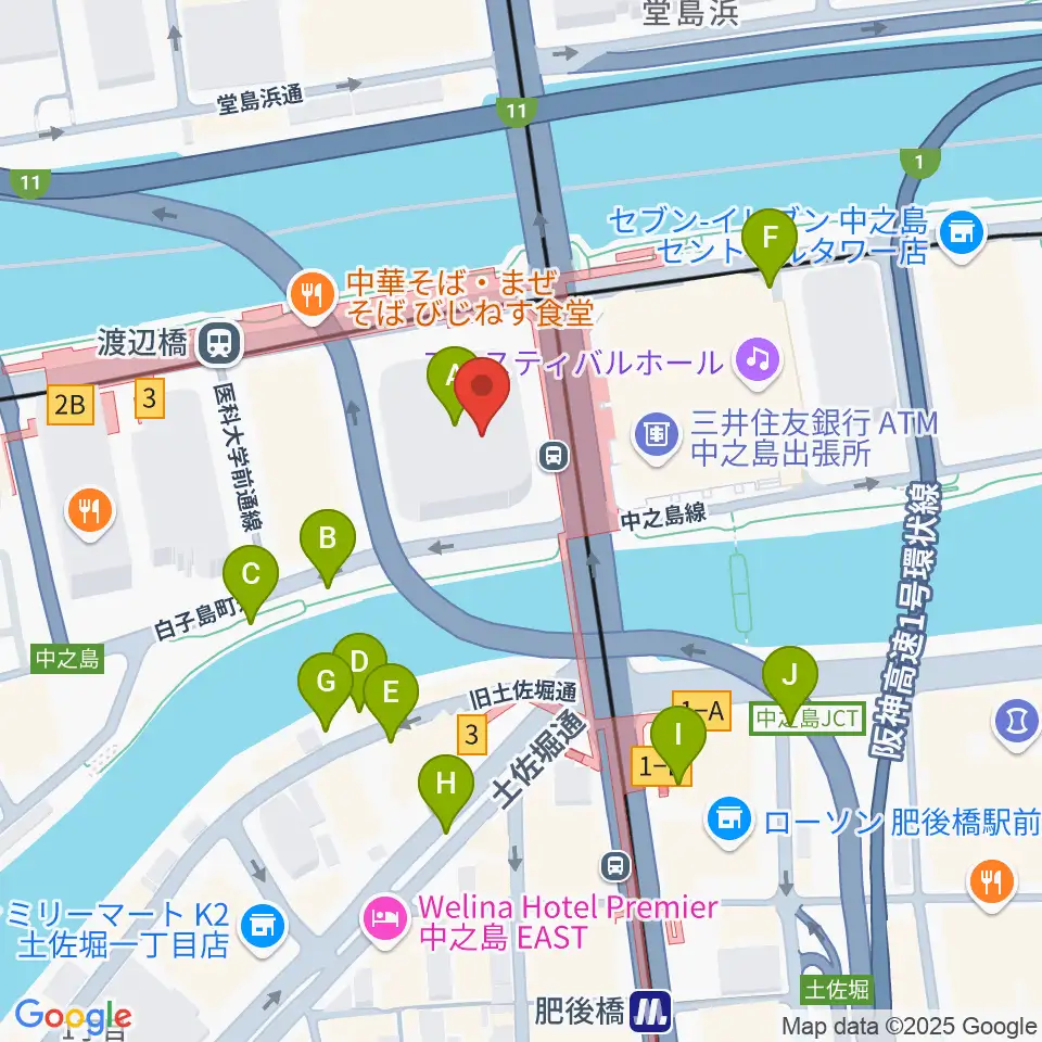 中之島会館周辺の駐車場・コインパーキング一覧地図