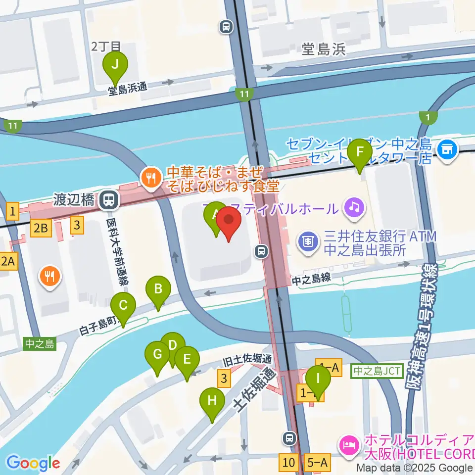中之島会館周辺の駐車場・コインパーキング一覧地図