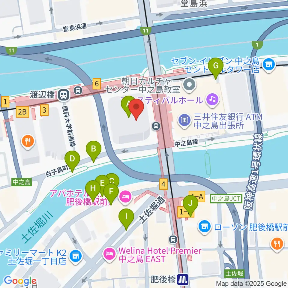 中之島会館周辺の駐車場・コインパーキング一覧地図