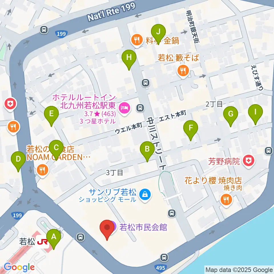 若松市民会館周辺の駐車場・コインパーキング一覧地図