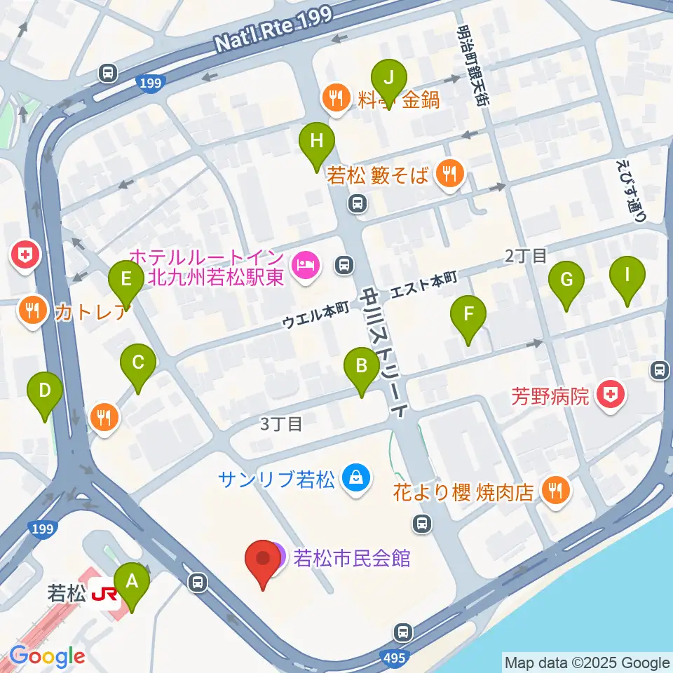 若松市民会館周辺の駐車場・コインパーキング一覧地図