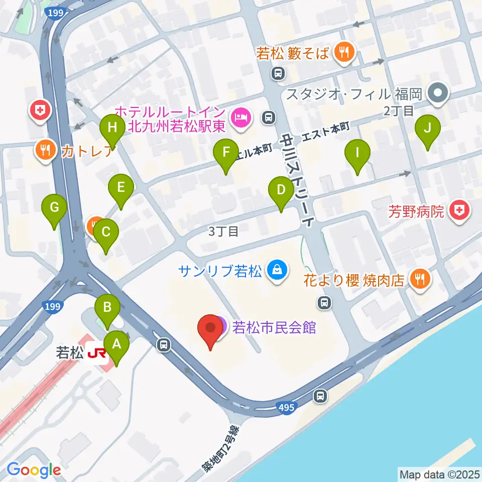 若松市民会館周辺の駐車場・コインパーキング一覧地図