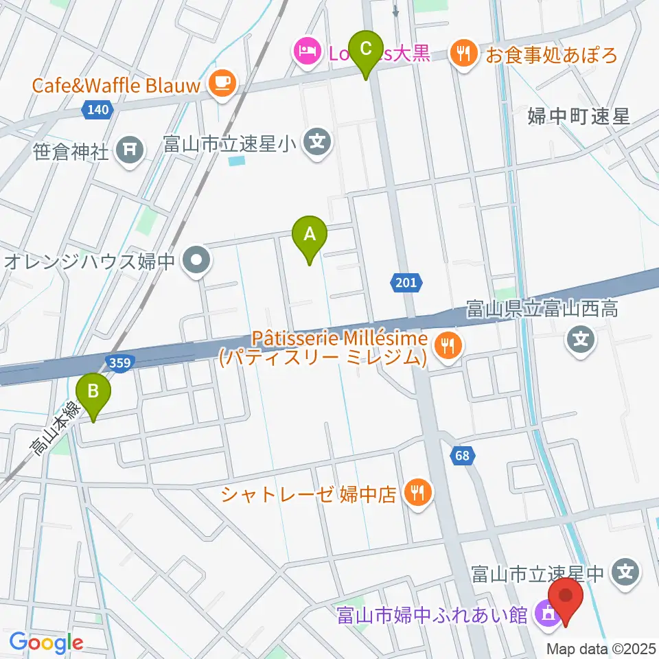 富山市婦中ふれあい館周辺の駐車場・コインパーキング一覧地図